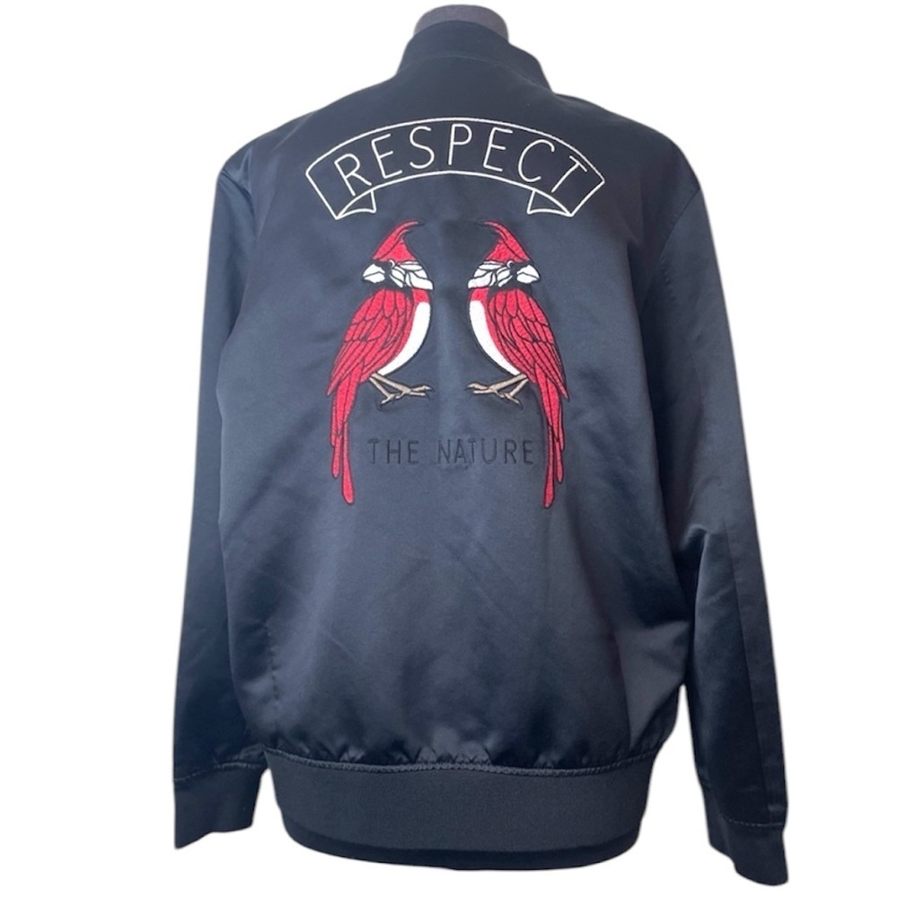 Japanese Trendiano Satin Black Zip Up Jacket Embroidered Cardinal Bird Respect